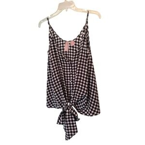 Gemma Cami Top Black White Gingham 100% Silk Button Front Tie Hem Tank L